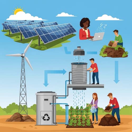 Sustainable Scene with Solar Farm and Windmill Power