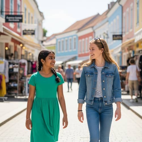Young Girls Exploring a Sunlit Town | Cultural Diversity