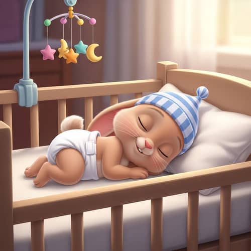 Cute One-Month-Old Baby Bunny Asleep in Crib