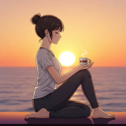 Anime-Style Asian Girl Yoga Meditation with Coffee