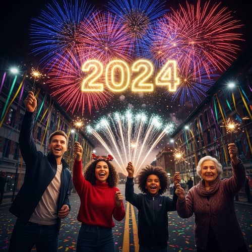 Diverse New Year Celebration with Fireworks Display 2024