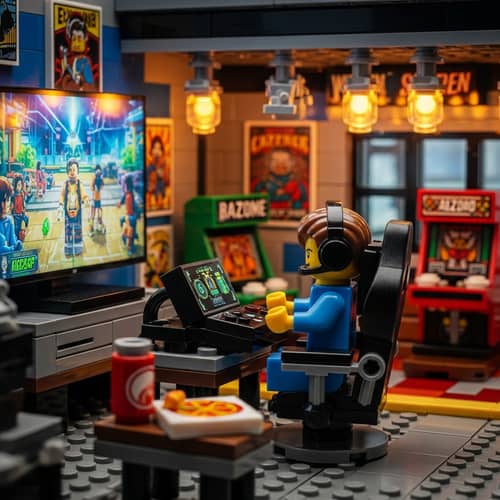 Dynamic Gamer Lego Scene in Arcade-Themed Room