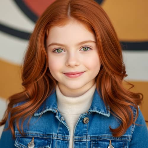 Fiery Red-Haired Girl with Emerald Green Eyes | Denim Jacket Portrait