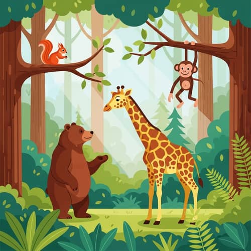 Enchanting Forest Scene with Bear, Giraffe, Squirrel, and Monkey
