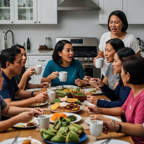 Filipino People Engaging in Animated Conversation and Sharing Traditional Dishes