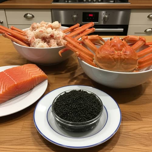 Delicious Caviar, Snow Crab and Salmon Dishes on Wooden Table