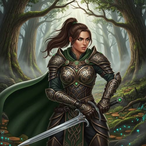 Hispanic Woman in Fantasy Attire Stands in Forest with Blade