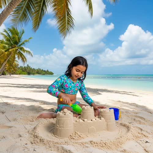 Young Middle-Eastern Girl Building Sandcastle on Serene Beach