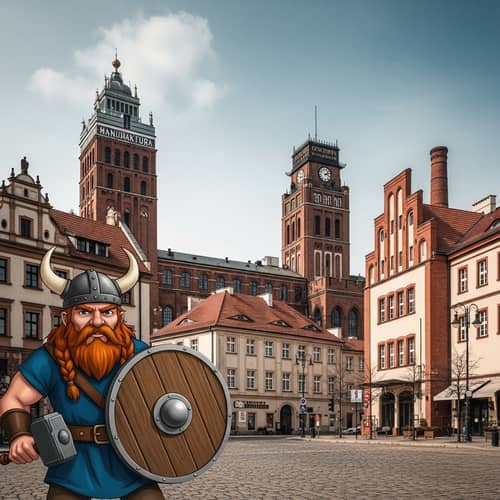 Viking in Lodz: Whimsical Time-Travel Scene | City Landmarks