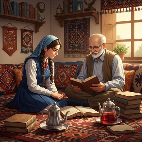 Captivating Moment: Middle-Eastern Girl Learning from Wise Grandfather