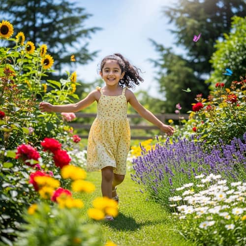 Joyful Middle-Eastern Girl Playing in Lush Garden | Fresh, Happy Scene