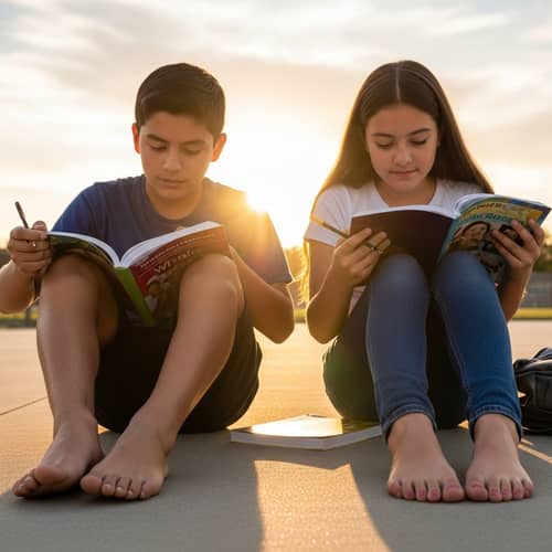 13-Year-Old Hispanic Students Studying in School at Sunset
