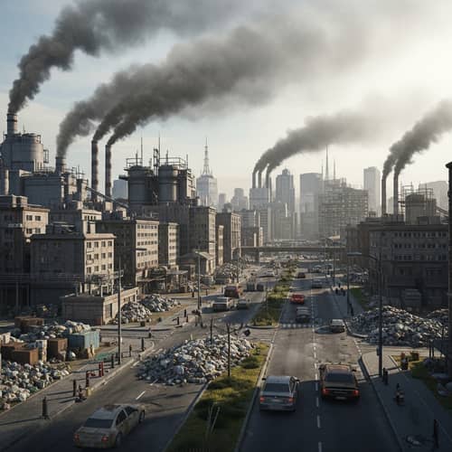 Dystopian Cityscape Polluted by Smoke and Waste - Environmental Chaos