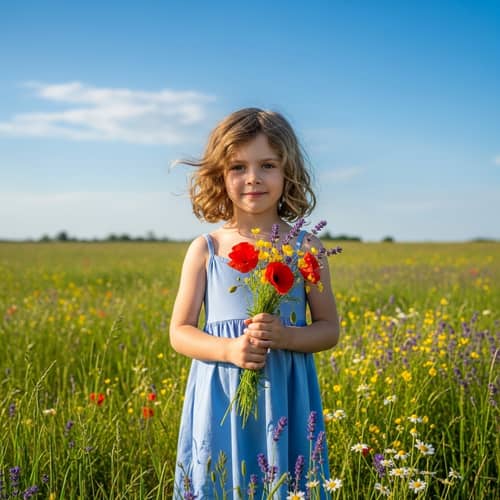 Young Blonde Girl in Baby Blue Dress Holding Wildflowers