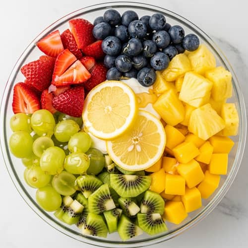 Delicious Fruit Salad with Strawberries, Blueberries, Grapes, Pineapple, Mango, and Kiwi