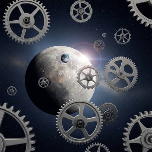 Cosmic Gears & Moon: Surreal Space Scenery