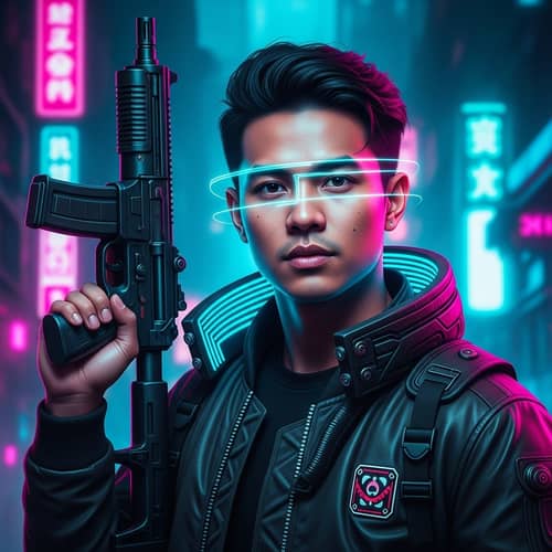 Cyberpunk Style Portrait of a Southeast Asian Man with Futuristic Gun