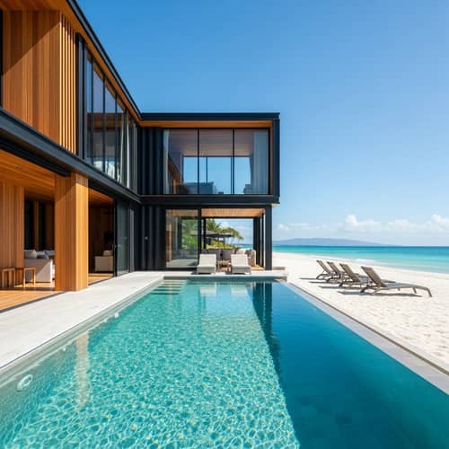 Modern Black Container-Style House with Sparkling Pool on Clear Beach