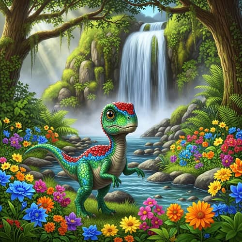 Vibrant Prehistoric Landscape with Baby Dinosaur