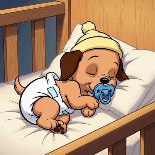 Animated Newborn Cartoon Puppy Sleeping in Crib