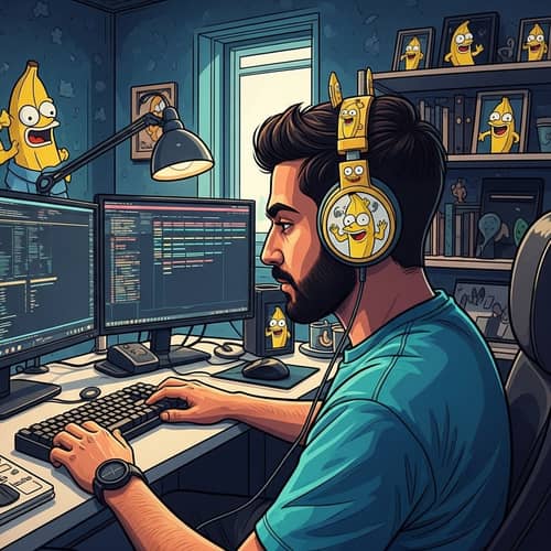 Middle-Eastern Programmer with Minion-themed Headphones in Geek Workspace