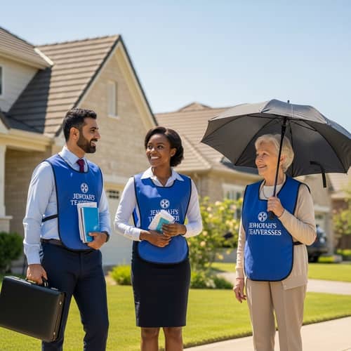 Jehovah's Witnesses Door-to-Door Preaching with Diverse Group