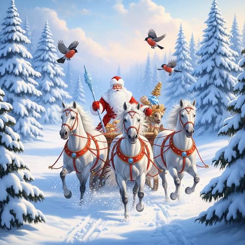 Russian Santa Claus with White Horses in Enchanting Winter Forest