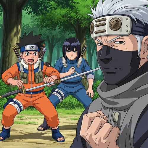 Japanese Animation Style Scene with Three Characters in Intense Training Session