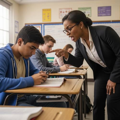 Classroom Scene: Student Using Mobile Phone Caught by Teacher