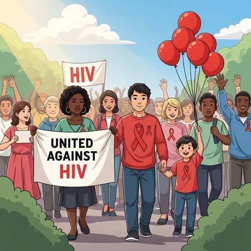 Empowering HIV Awareness: United Against HIV Walk with Diverse Crowd