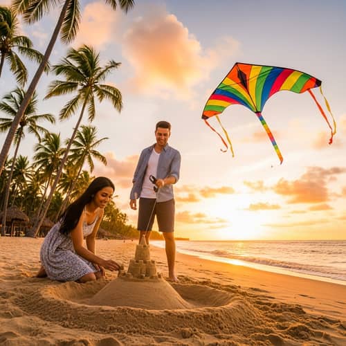 Loving Couple on Beach: Building Sandcastle & Flying Kite