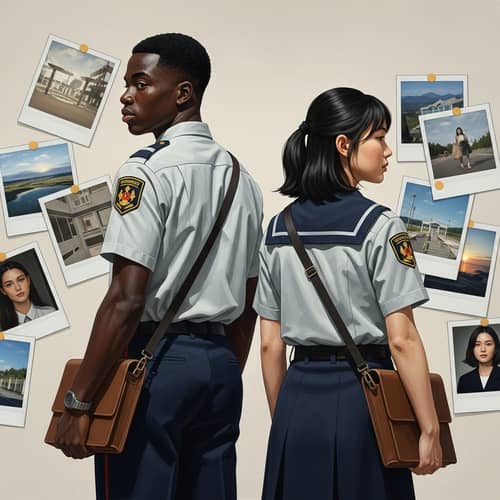 Diverse African and Asian Uniformed Couple in Oil Painting Style