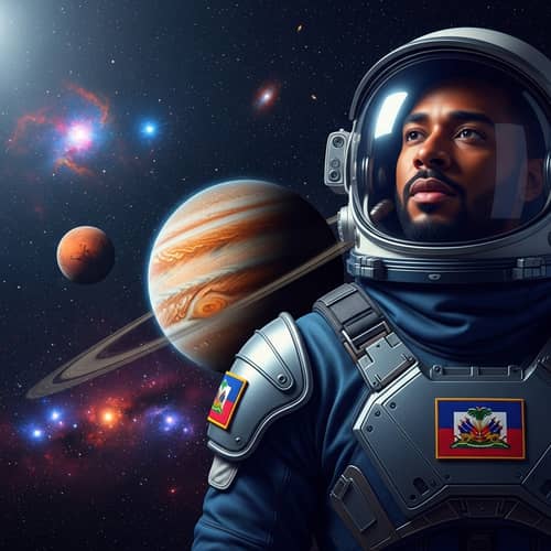 Male Haitian Astronaut amidst Planets and Cosmos
