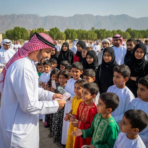 Joyful Giving in Oman: Traditional Moment with Children