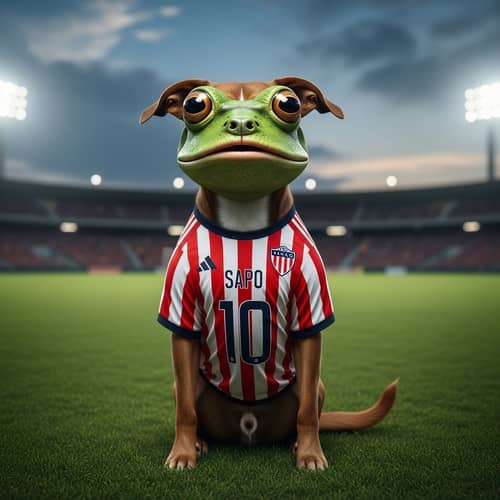 Dog with Frog-Like Face in Barranquilla Soccer Jersey