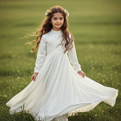 Charming Young Girl in Embroidered White Dress | Green Meadow