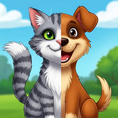 Playful Cartoon Image: Mischievous Cat and Friendly Dog