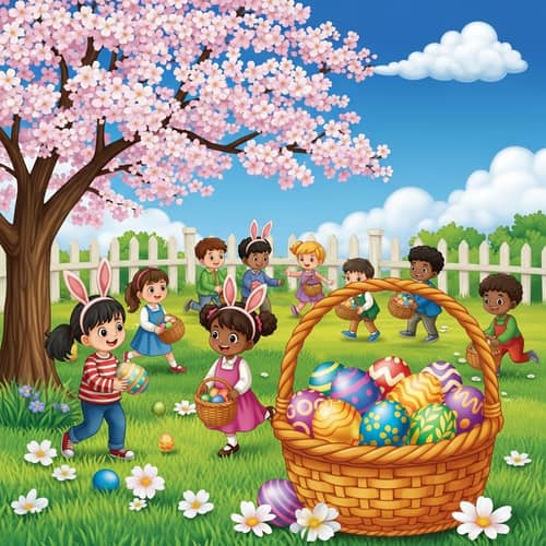 Joyful Easter Egg Hunt: Kids Celebrate Under Cherry Blossoms