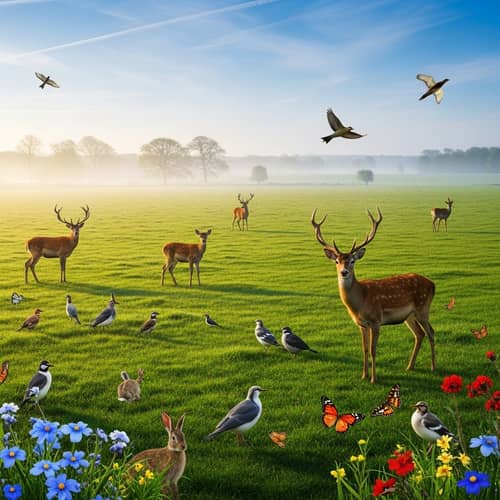 Tranquil Sunrise Countryside: Diversity of Wildlife in Harmony