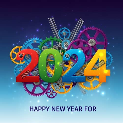 Mechanical Themed 2024 New Year Greeting Card | Vibrant Colors & Festive Design