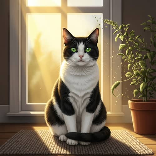 Tranquil Black and White Cat in Cozy Setting