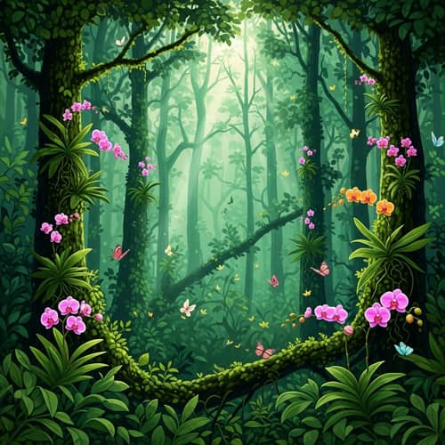 Lush Jungle Landscape with Vibrant Orchids and Butterflies
