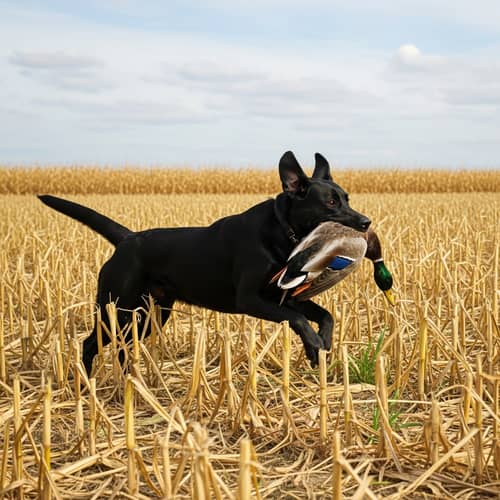 Energetic Black Labrador Retrieving Mallard Duck in Cornfield