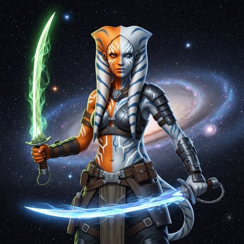 Alien Warrior Woman with Dual-tone Skin and Glowing Swords