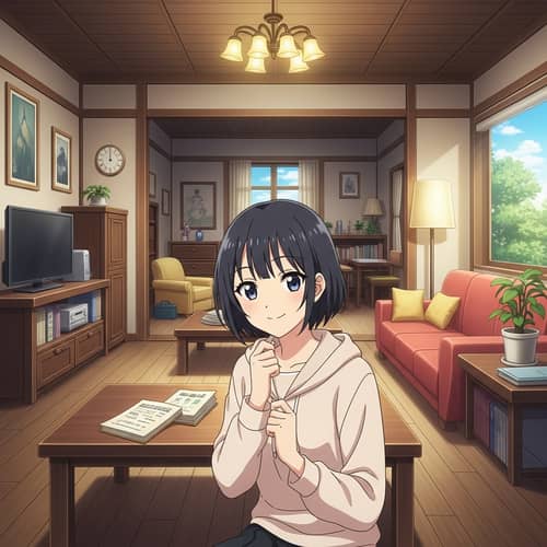 Diverse Asian Woman in Modern Traditional Room | Expressive Illustration