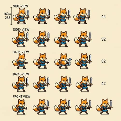 Pixel Art Sprite Sheet of Foxgirl for Dungeons and Dragons Style Character