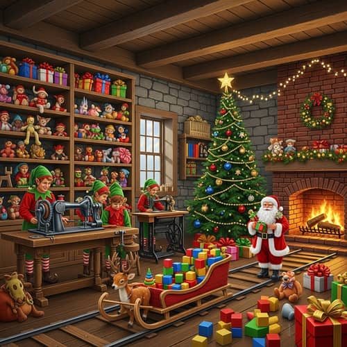 Majestic Toy Workshop Interior: Christmas Tree, Santa, and Elves