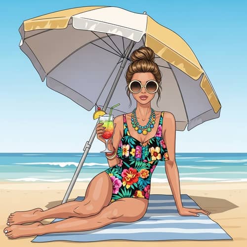 Young Woman Enjoying a Sunny Day at the Beach with Floral Swimsuit