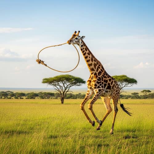 Joyful Giraffe Skipping Rope in Lush Savannah