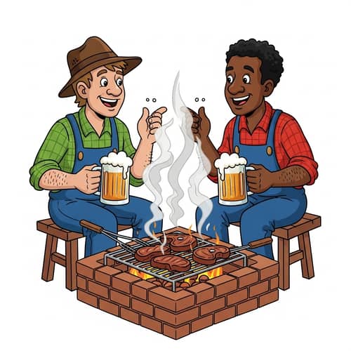 Cartoon Hillbillies Smoking Meat on Brick BBQ Pit